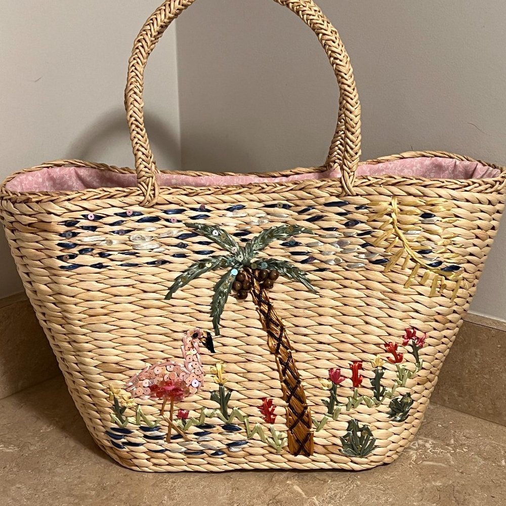 Vintage wicker straw beach basket with cute adornments